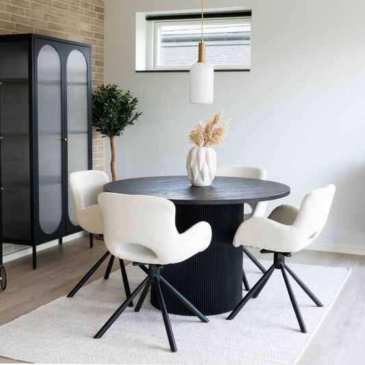 House Nordic ApS - Amorim Eetkamerstoel - Gebroken wit, Bouclé, Draaibaar, Zwart metalen poten - Set van 2 - Deco Delights
