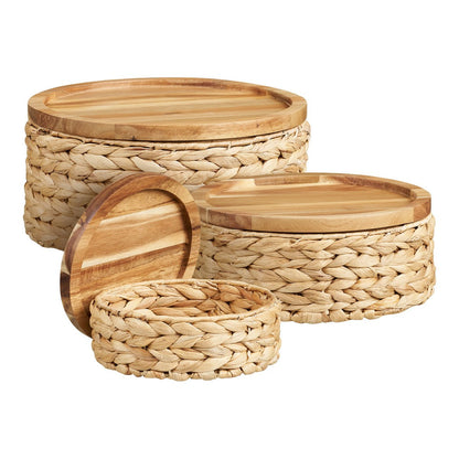 House Nordic ApS - Botofte Manden met houten deksel, waterhyacint, naturel, set van 3 - Deco Delights