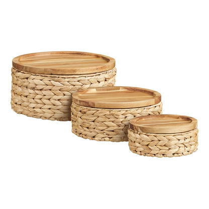 House Nordic ApS - Botofte Manden met houten deksel, waterhyacint, naturel, set van 3 - Deco Delights