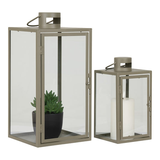 House Nordic ApS - Corfu Lantaarns - Groen, Staal, Glas, 13/19.5x13/19.5x25.5/40 cm - Set van 2 - Deco Delights