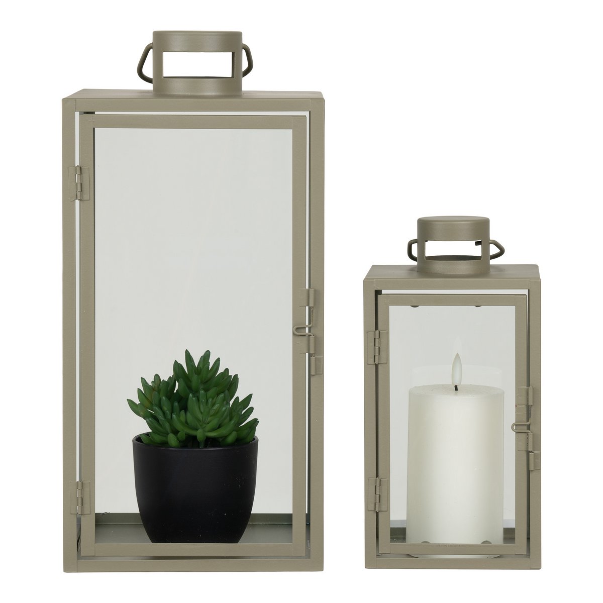 House Nordic ApS - Corfu Lantaarns - Groen, Staal, Glas, 13/19.5x13/19.5x25.5/40 cm - Set van 2 - Deco Delights