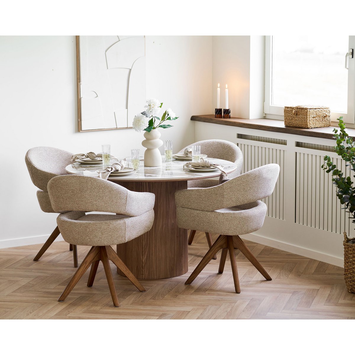 House Nordic ApS - Dover Eetkamerstoel met draaibare, zandgemêleerde, bruin eikenhouten poten, HN1317 - Deco Delights