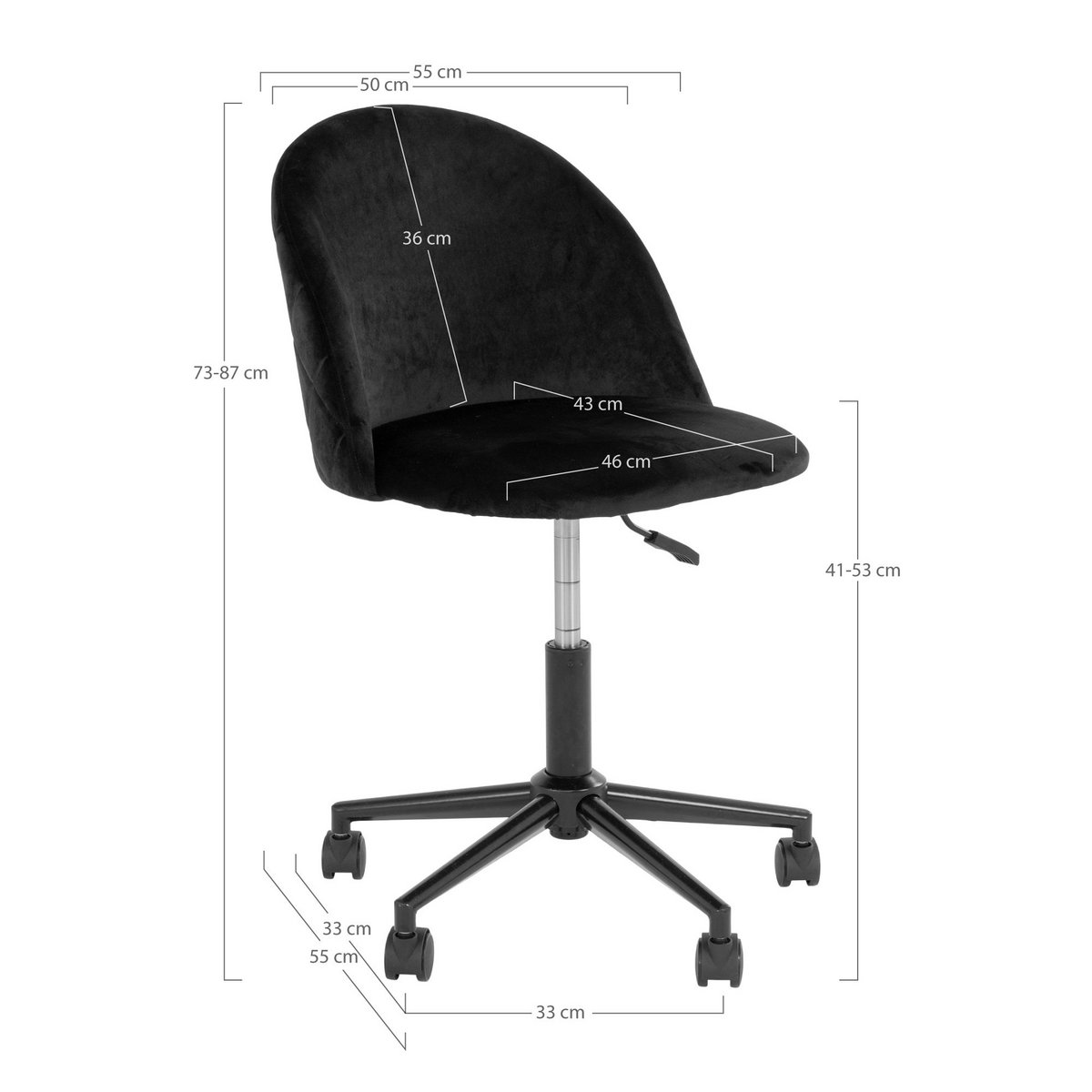 House Nordic ApS - Geneve Office Chair - Bureaustoel in fluweel, zwart met zwarte poten, HN1207 - Deco Delights