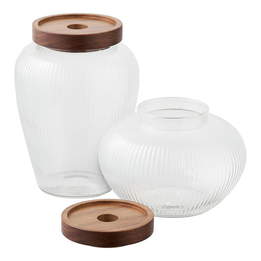 House Nordic ApS - Maya Voorraadpot in glas, glas/acacia, set van 2 - Deco Delights