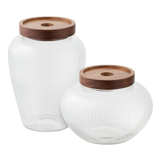 House Nordic ApS - Maya Voorraadpot in glas, glas/acacia, set van 2 - Deco Delights