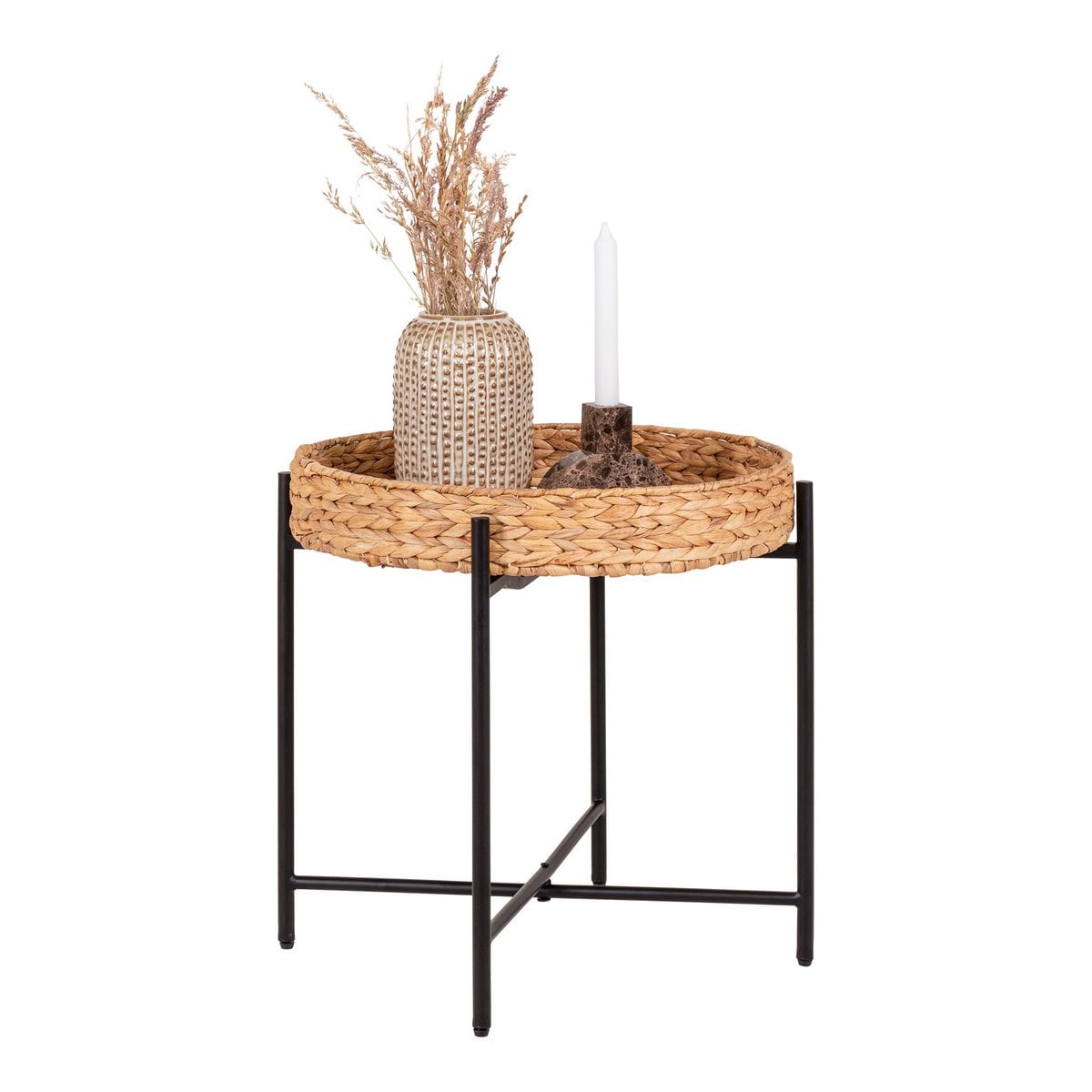 House Nordic ApS - Naro Bijzettafel - Waterhyacint, Metaal, Zwart/Natuurlijk - Ø50x48,5 cm - Deco Delights