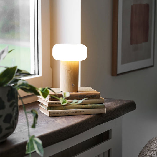 House Nordic ApS - Stafford Tafellamp, bamboe/metaal/PE, oplaadbaar, naturel, wit - Deco Delights