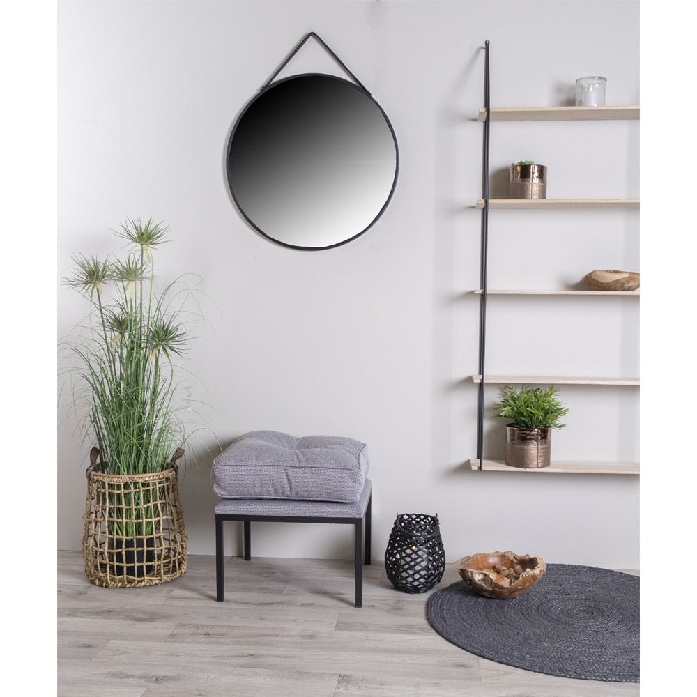House Nordic ApS - Trapani Spiegel - Zwart, Staal, Kunstleer, Ø38cm - Deco Delights