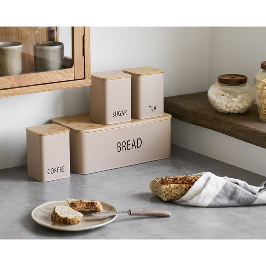 House Nordic ApS - Tula Broodtrommel met 3 blikken, metaal/bamboe, beige, set van 4 - Deco Delights